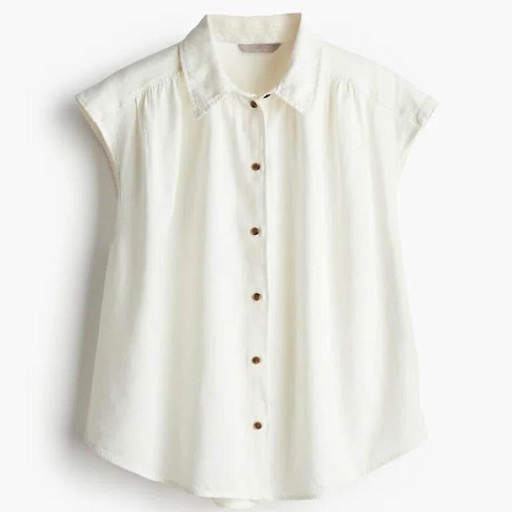 H&M Linen-Blend Shirt Woman's Size Medium Ivory Cap Sleeve Button Down